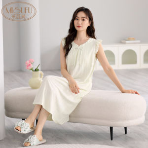 Summer Cotton Sleepwear Sleeveless Midi Dress Chinese Style Home Gown with Chest Pad Bell Sleeve Casual Vintage Wind Dress