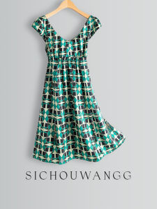 Elegant V-neck Silk Dress Women Slimming Floral Print Midi Short Sleeve High Waist A-line Summer New Style Fashionable Dress