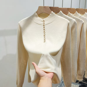 Womens Half High Neck Knitted Shirt Autumn Winter New Style Beige Base Layer Top Button Design Sensation Inner Wear