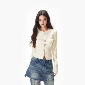 Apea | Round Neck Cutout Sleeve Long Fitted Knit Top