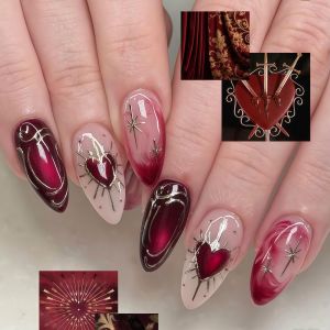 3D fake nails for Valentines day red black heart golden silver gilding frame star full cover Almond tips press on false nail