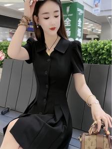 Elegant Black French Style Bubble Sleeve POLO Dress for Women 2024 Summer New Fashion Asymmetrical Crimp Patchwork Midi Skirt