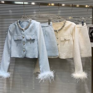 Fashionable 2025 Autumn New Little Fragrance Water Diamond Collar Furry Sleeve Short Jacket plus Half Skirt Cotton Set