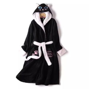 Cartoon Ears Hooded Lapel Wrap Lace-up Coral Fleece Bathrobe Female Winter Pajamas Loose Casual Mid Length Long Length