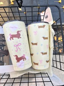 Original/Homemade Gentle Floral Sausage Dog 550ml Large Capacity Straw Thermal Insulation Cup Portable