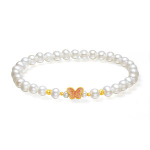 ZHOU LIU FU 周六福 24K Solid Gold Butterfly Charm Pearl Beaded Bracelets Gold Bead Stretch Bracelet for Women Girlfriend Gifts Birthday 17CM X1914017