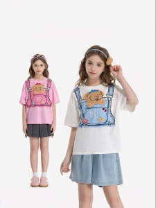 Summer New Style Suspender Print Teddybear Childrens Round Collar Short Sleeve T-Shirt