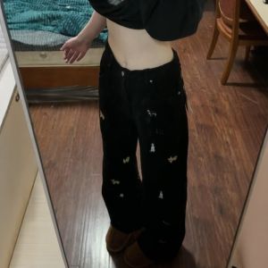 High Waist Floor-Length Embroidered Doggie Denim Jeans Womens Spring Autumn Straight Leg American Wide Leg Pants