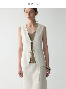 Insis Femme Lin 2025 Summer New Minimalist Style V-neck Beaded Strap Long Womens Vest Fashionable Elegant Casual Long Jacket