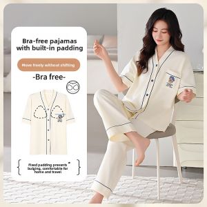 Miiow | Pure Cotton Summer Sleepwear Womens Short Sleeve Home Clothes Set With Chest Pad Large Size Long Pants Comfortable Breathable