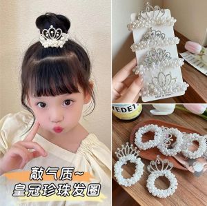 Childrens Pearl Crown Princess Hair Bands Elastic Rubber Bands Children Sweet Glitter Hair Ties Hair Styling Accessories