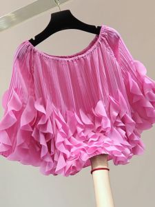 Korean Style High Waist Short Sleeve Shirt Collar One Piece Pleated Hem Summer Fashionable Womens Commute Shirt