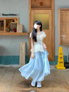 Elegant Lace Top And Midi Dress Two Piece Set for Women Summer Vacation Style Fairy Atmosphere Outerwear Design V Neck Short Sleeve