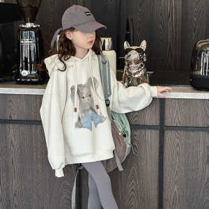 Girls Cotton Hoodie Long Sleeve Loose Fit Mid-Length Spring Autumn Fashionable Casual Childrens Wear Polyester Blend