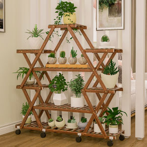 Modern Minimalist Solid Wood Floor Standing Living Room Balcony Plant Pot Display Shelf Movable Artistic Style Furniture