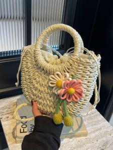 Handwoven Straw Bucket Bag Womens Beach Vacation Handbag Floral Design Crossbody Bag Sweet Lady Style Travel Tote Bag