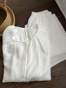 ชุดนอนผ้าฝ้ายแท้สีขาว Sin Glee สำหรับผู้หญิง ชุดนอนผ้าฝ้ายแท้ แขนยาว ทรงหลวม ฤดูใบไม้ผลิและฤดูใบไม้ร่วง ชุดนอนผ้าฝ้ายแท้สำหรับผู้หญิง