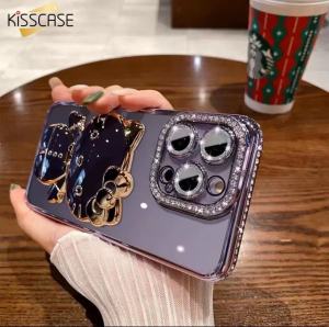 Kisscase gương trang điểm giá đỡ cho iPhone 14Promax Trường hợp với tấm dán bảo vệ ống kính dễ thương mèo mạ điện Rhinestone gliiter bột đèn flash bảo vệ trường hợp cho Apple 13 12 11 XR XS Max x chủ Ốp lưng đứng