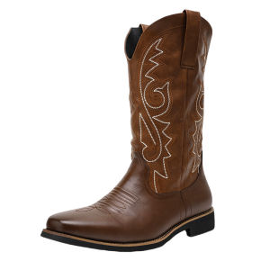 NUDANLAI | Retro Western Cowboy Work Boots with Embroidery Long Shaft Side Zipper High Top