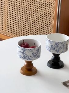 Mangkuk Buah Porselen China Dengan Kaki Tinggi | Mangkuk Bergagang Kayu | Penyimpanan Perhiasan | Dekorasi Rumah