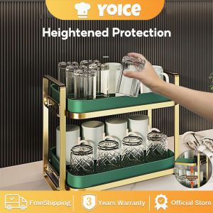 Yoice Dish Glass Cup Holder Rack 2 Tier Draining Drying Water Mug Drying Organizer With Drain Tray Kitchen Storage Organizer Shelf