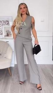 HH Women Solid Pants Suit Asymmetric Sleeveless Single Breasted Vest Top + High Waist Loose Tousers Fashion Streetwear