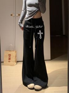 Gothic Style Womens Low Waist Fleece Lined Flared Pants Casual Print Long Trousers Slimming Design Autumn Winter Fashion