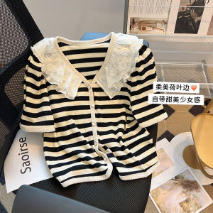 Áo Thun Kẻ Sọc Tay Ngắn Mùa Hè Cho Nữ Cổ Búp Bê Phong Cách Hàn Quốc Dáng Rộng Dài Thường Xuyên Chất Liệu Khác
