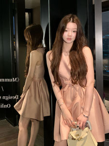 Birthday Butterfly Knot Satin Vest Waist Cinched Dress Commute Style A-Line Skirt Short Sleeve round Neck Zipper Closure Womens Dress