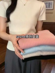 Knitted sweater short sleeves for women spring and summer slim fit round neck solid color thin base short top for inner wear early autumn F1147
