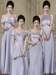 Maids of Honor Long Satin Gown Womens Elegant Simple Style Wedding Dress Floor-Length Korean Style Mid-Waist Polyester Fiber