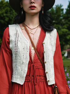 Miss Moshu Cotton V-neck Vest Cardigan Sleeveless Outerwear Travel Fashion Commute Style Regular Length Single Button Pure Color