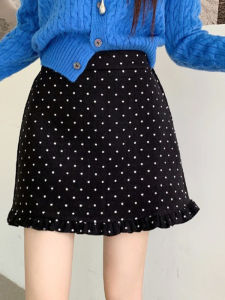 Trendy Aesthetic Petite Polka Dot Wool Skater Mini Skirt