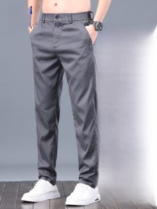 ROMON | Lormen Mens Summer Thin Ice Silk Casual Pants Loose Straight Leg Business West Pants Quick Dry Elastic Long Trousers