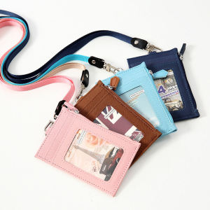 Fashionable PU Leather Card Holder with Lanyard Mens Multi-Slot Simple Neck Evidence Coin Purse Card Bag Stylish Accessory