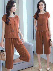 Bộ Đồ Thể Thao Vải Lanh Cotton Mùa Hè Mới Cho Phụ Nữ Bộ Đồ Hai Mảnh Tay Ngắn Quần Dài Thường Ngày Thời Trang Trung Niên