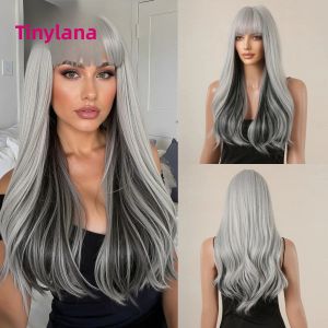 Màu Xám Phối Đen Dài Lượn Sóng Tổng Hợp Tóc Giả Với Bangs Cho Nữ Tự Nhiên Màu Đen Tro Cosplay Halloween Tóc Chịu Nhiệt Độ Cao