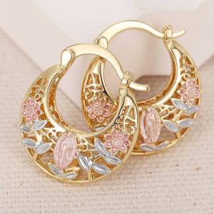 Huitan Aesthetic Women Gold Color Hoop Earrings Hollow Out Design Accessories Fresh Flower Charming Wedding Jewelry for Lady
