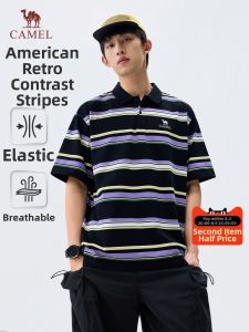 CAMEL | Vintage Striped Loose Short Sleeve Polo Shirt
