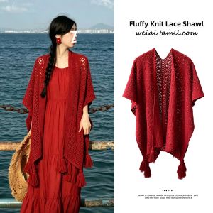 WEIAI | Ethnic Red Lace Knit Shawl for Travel