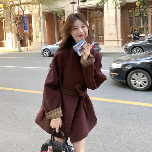 Red Plaid Spliced Woolen Coat Womens 2024 Winter New Casual Style Gentle Temperament Fashionable Lengthened Jacket