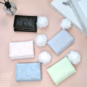 Women Embroider Wallet For Woman Pu Leather Coin Purse Female Short Wallet Cute Lovely Korean Version Student Personality Zero Bag Small Ball Wallet
