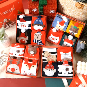【READY STOCK】4-Pair Christmas Socks Box/Lovely Embroidered Pattern/Breathable Stretch Cotton Socks/Mid-Calf Winter Gift