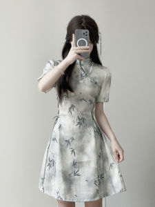 Ting Yue Ling New 2025 Young Style Small Size Cheongsam Dress Chinese New Style Girl Summer Elegant Long Middle Length Qipao Short Sleeve Scissors Cut