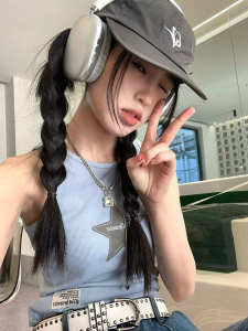 American Style Spicy Girl Star Patch Embroidery Sleeveless Strap Vest Women Summer Design Sensation Slim Fit Short Top