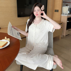 Korean Style Womens Summer Sweet Modal Cotton Sleepwear Set with Chest Pad Casual Short Sleeve Long Pants Home Clothes