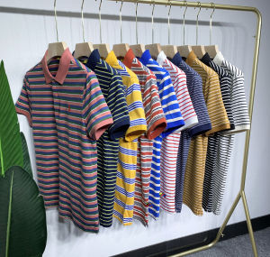 Trendy Japanese Brand Mens Polo Shirt Striped Pure Cotton Short Sleeve Turn-down Collar Versatile Casual Summer Fashion