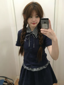 QINWEIYU | Miu Style Plaid Mini Dress Set Summer Korean Sweet Style Short Skirt Outfit Cotton Polyester Spandex Blend POLO Collar Short Sleeve