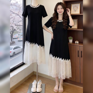 AIYITI | Chân Váy Dây Nơ Ren Màu Đen Tay Ngắn Mới Hè Dành Cho Người Béo Dài Trung Bình Cao Cấp