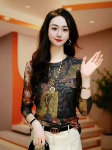 เสื้อยืดแขนยาวผู้หญิง ทรงหลวม สไตล์เกาหลี ทรงตรง โพลีเอสเตอร์ 100% เสื้อชั้นในแฟชั่นฤดูใบไม้ผลิและฤดูใบไม้ร่วง